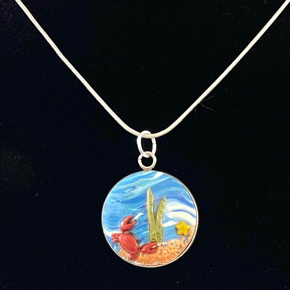 Unique design-Silver bezel Ocean/crab Polymer clay Necklace- 20” long chain